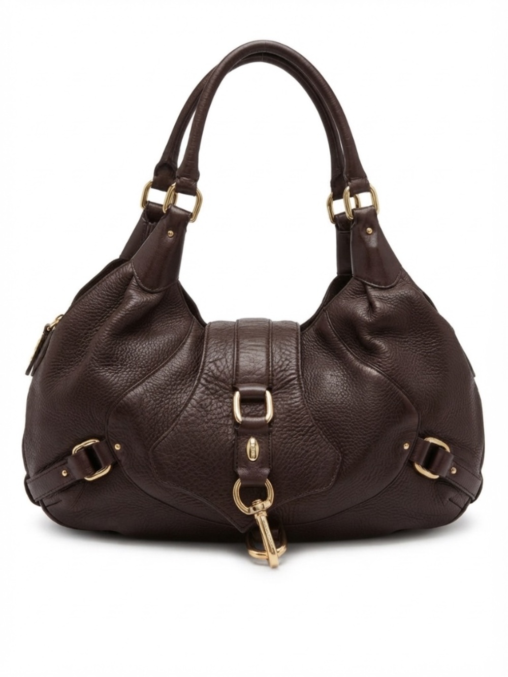Cole Haan Dark brown Pebbled Leather Equestrian Hobo Bag with Gold Hardware